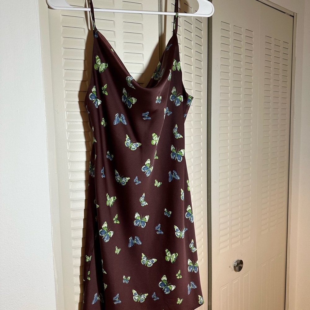 Butterfly Print Mini Dress - Brown